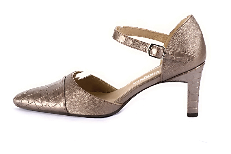 Bronze beige women's open side shoes, with an instep strap. Tapered toe. High comma heels - Florence KOOIJMAN